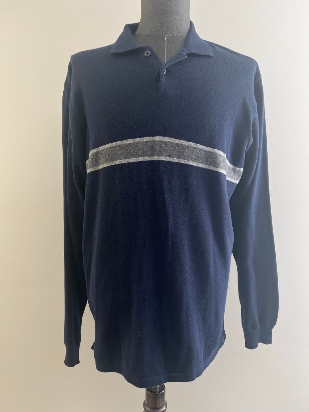 Vintage IZOD Cotton Long Sleeve Polo Sweater Blue Gray Size Large SG